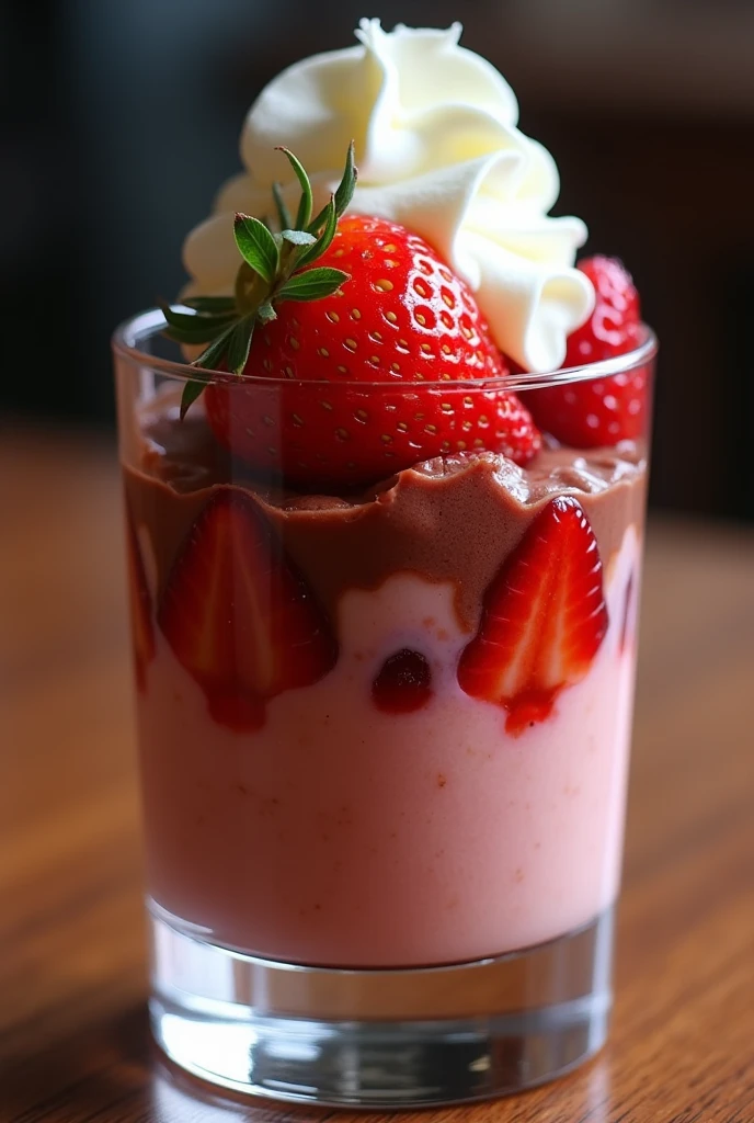 in a glass bouncing with layers of strawberries and cream and culminating with a strawberry glistening with a large flake of cream and lots of chocolate jelly