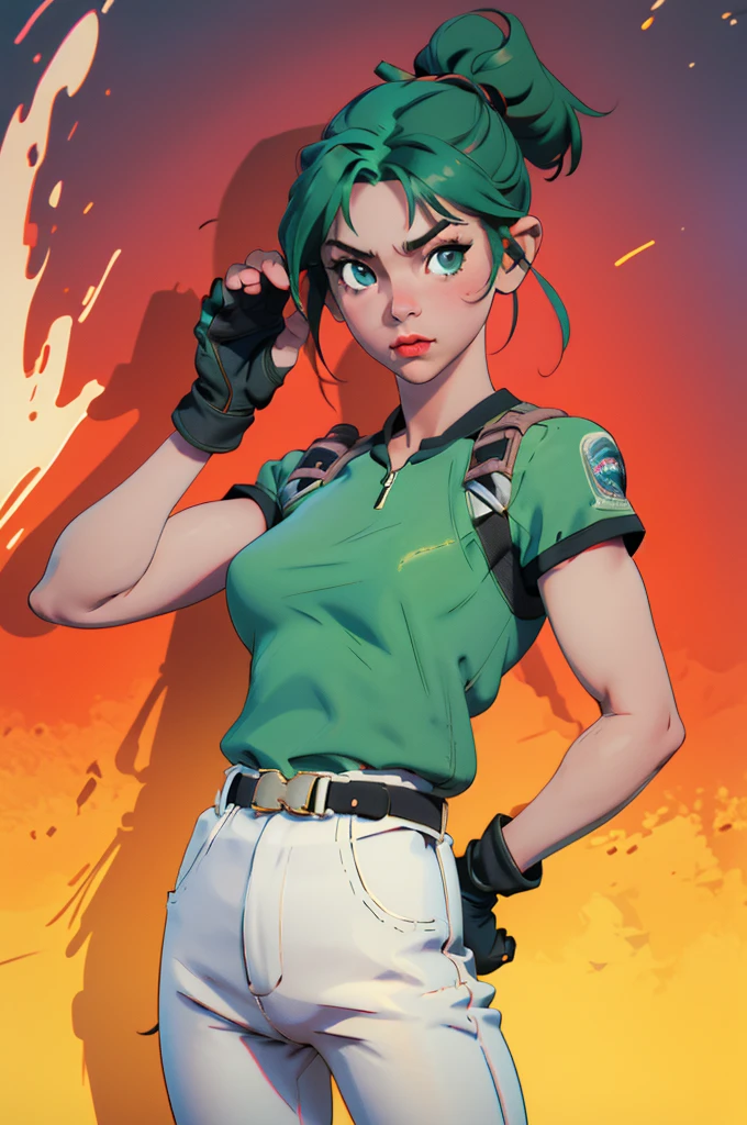masterpiece, best quality:1.2), expressive eyes, perfect face, highres, 1 girl, solo, (female:1.5), chris redfield, green taut shirt, white pants, fingerless gloves, belt, hands to hip, standing, portrait, looking at the viewer,