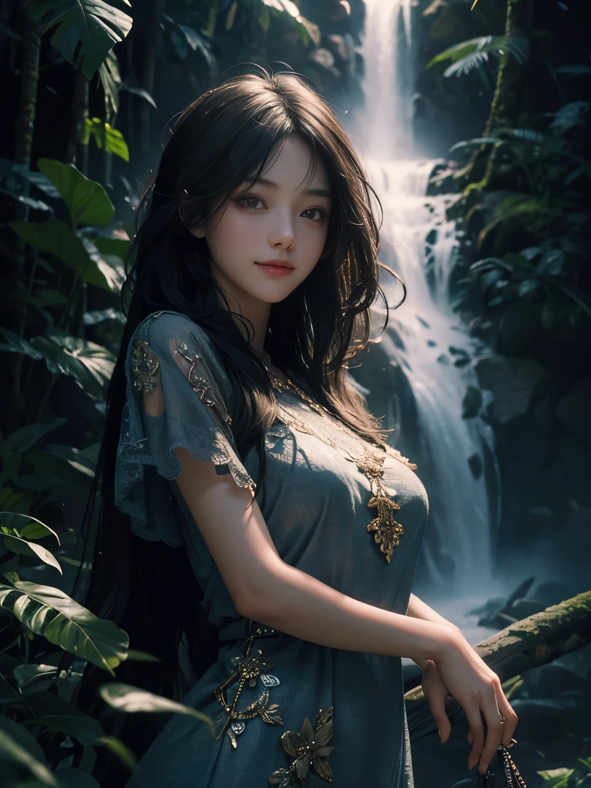 (ultra realistic) , (illustration), (increase resolution), (8K), (extremely detailed), (best illustration), (beautiful detailed eyes), (best quality), (ultra-detailed), (masterpiece), (wallpaper), (detailed face), 1 girl, black straight hair, slender body, delicate details, in the dark, deep shadow, low key, pureerosfaceace_v1, happy smile, summer dress, waterfall, rainforest