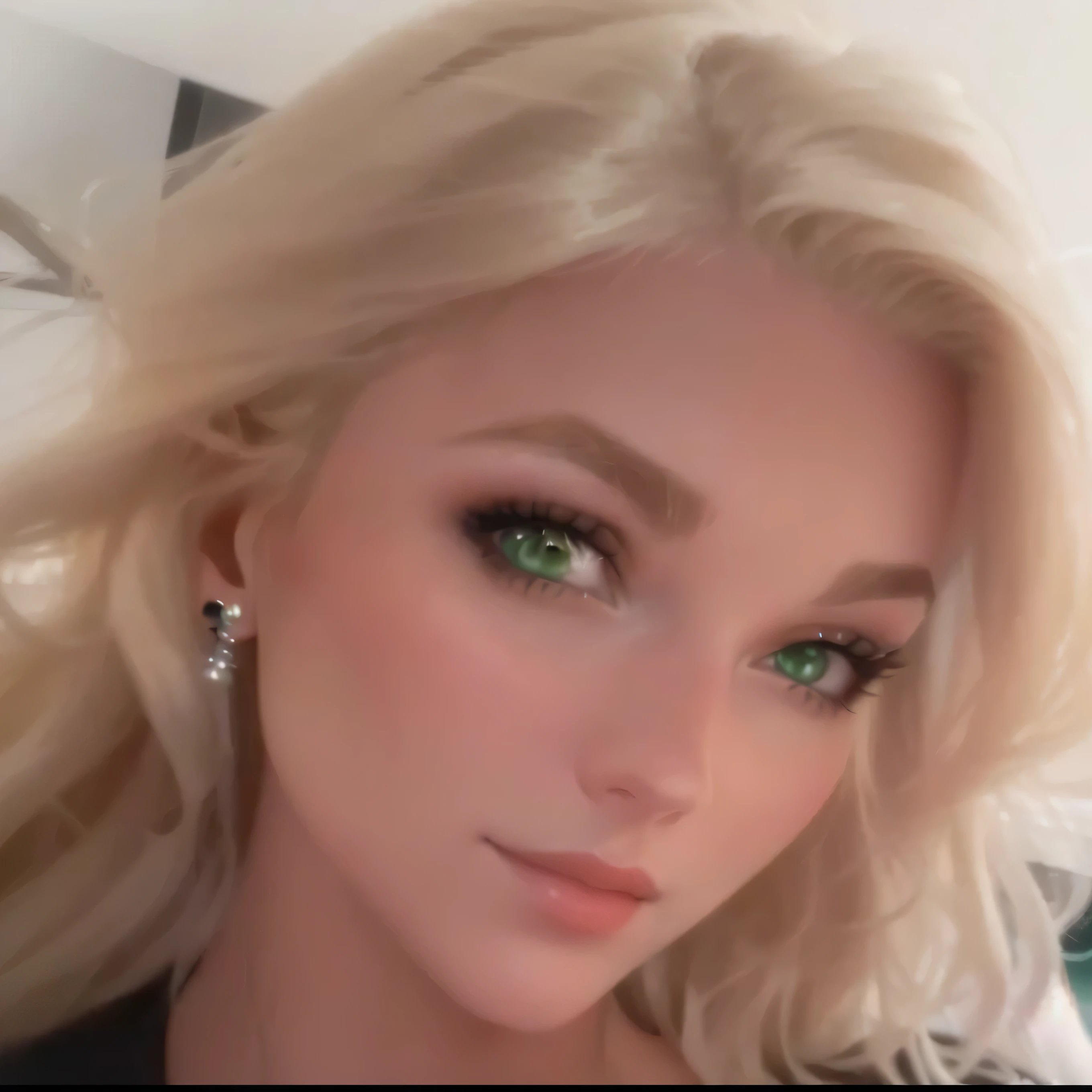 Create a 3D figure of a 30-year-old woman with blonde hair and green eyes, looking into the camera. Pay attention, that the figure wears a black shirt and has earrings, to recreate the image exactly