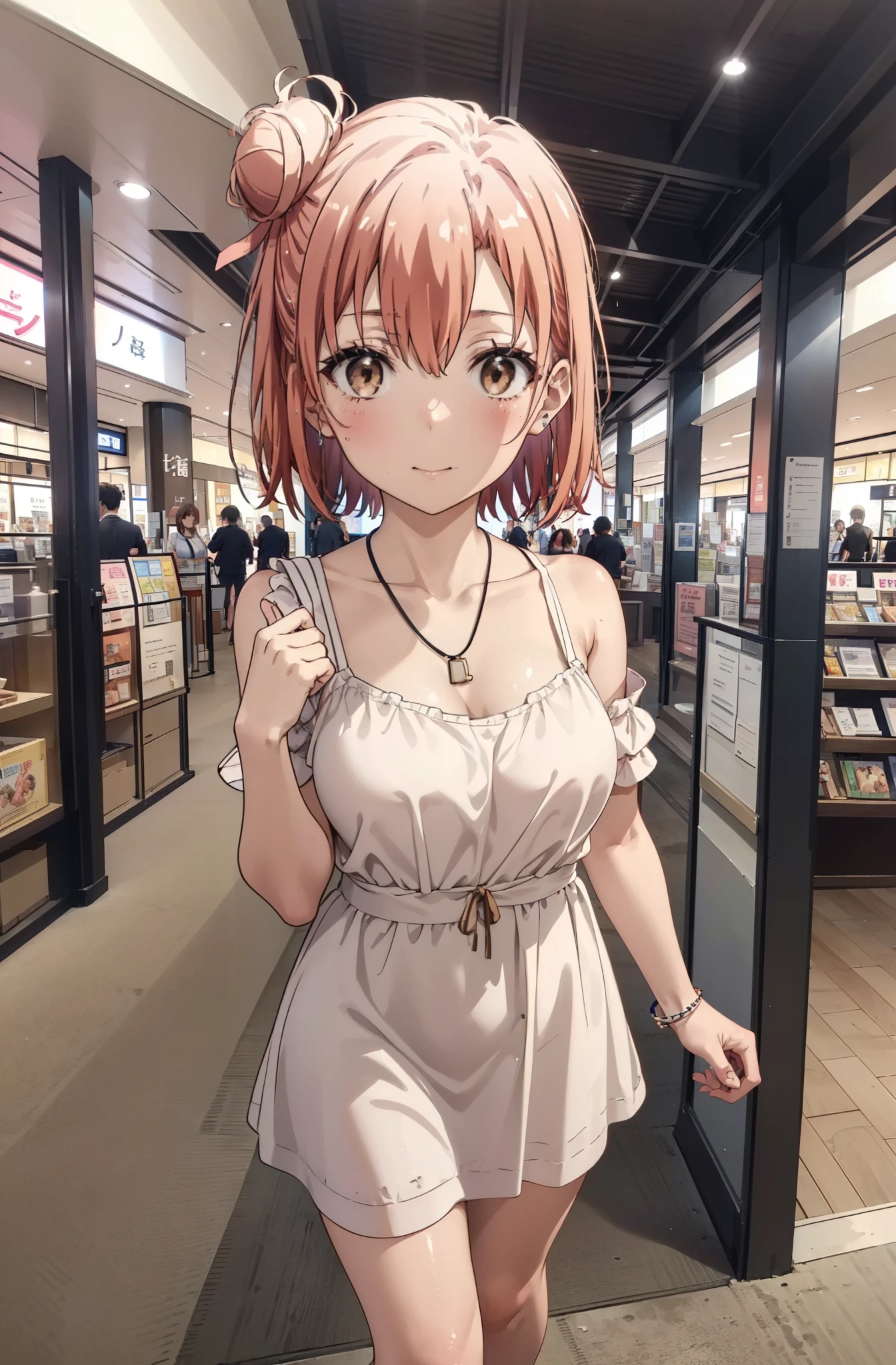 yuiyuigahama, yui yuigahama, short hair, (Brown eyes:1.5), (Pink Hair:1.2), Hair Bun, single Hair Bun,Big Breasts,smile,blush,Open your mouth,Off-the-shoulder dress,Exposing shoulders,bare clavicle,Bare neck,Rocket Pendant,mini skirt,Cute heeled sandals,Walking,whole bodyがイラストに入るように,
break indoors,Shopping mall,
break looking at viewer, whole body,
break (masterpiece:1.2), Highest quality, High resolution, unity 8k wallpaper, (shape:0.8), (Beautiful attention to detail:1.6), Highly detailed face, Perfect lighting, Extremely detailed CG, (Perfect hands, Perfect Anatomy),