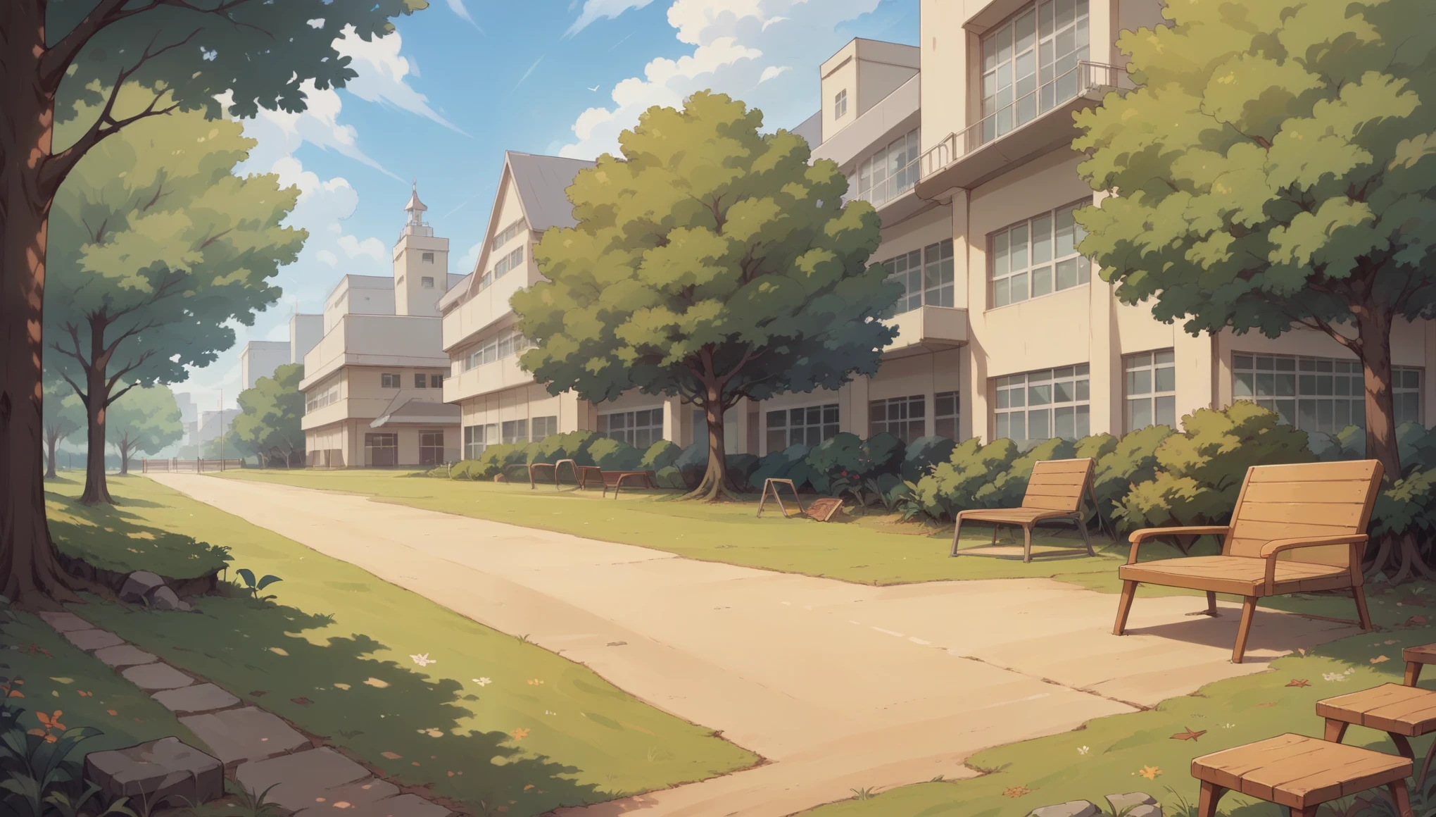 "An open and spacious high school courtyard surrounded by school buildings. There are well-maintained grassy areas with trees providing shade, and a few benches where students can sit and relax. Some students are walking through the courtyard, while others are sitting on the grass, chatting or reading books. The atmosphere is peaceful, with a gentle breeze rustling the leaves of the trees."