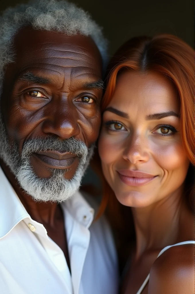 elderly man, africana, black skin color, dressed in white with a woman next to her with dark skin and straight copper-colored hair, dark shaped eyes, hole in the chin, slight indigenous features