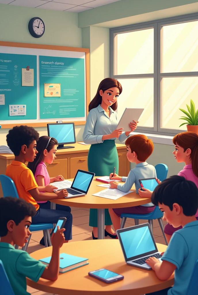 I need illustrations of drawings where technology can be seen in children's learning with instruments such as tablets., smart displays, computers, cell phones and the teacher can be seen