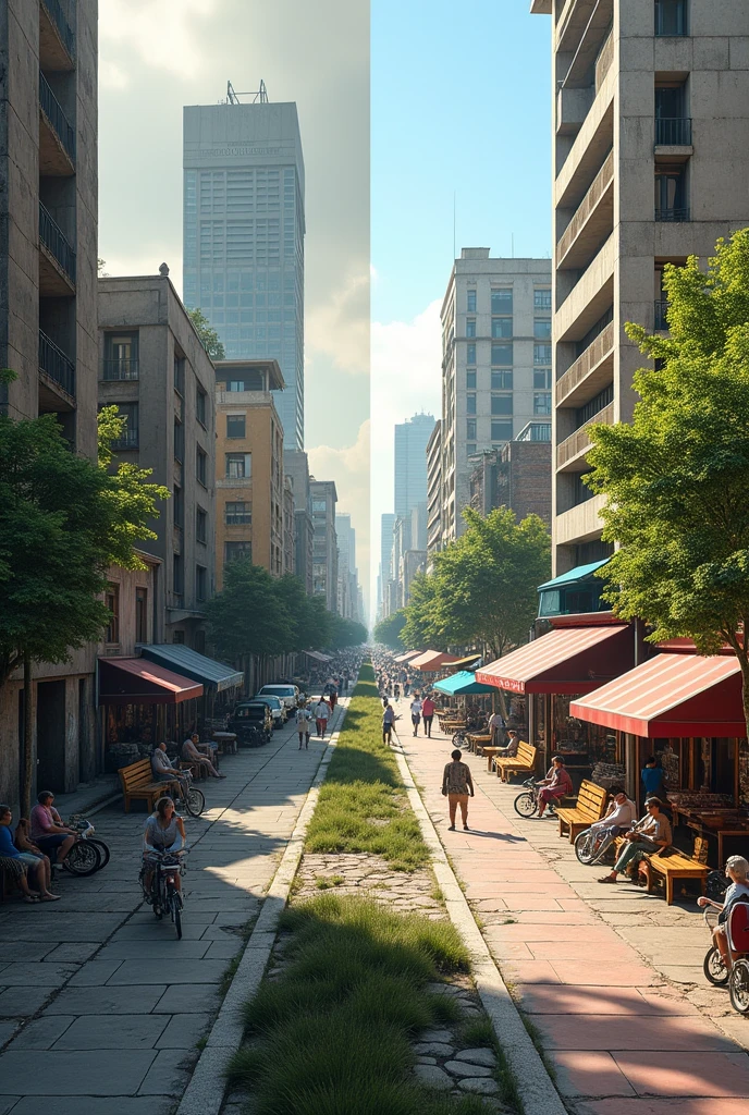 generates a realistic image split in half, where on the left there is a bad public space ruled by obsolescence with cars, tall buildings and no people while the right side is a nice public space with people circulating, benches to sit on, craft shops, no cars, cycle paths and 3-story buildings. Both images mixed in the center and inspired by the city of Santiago de Chile