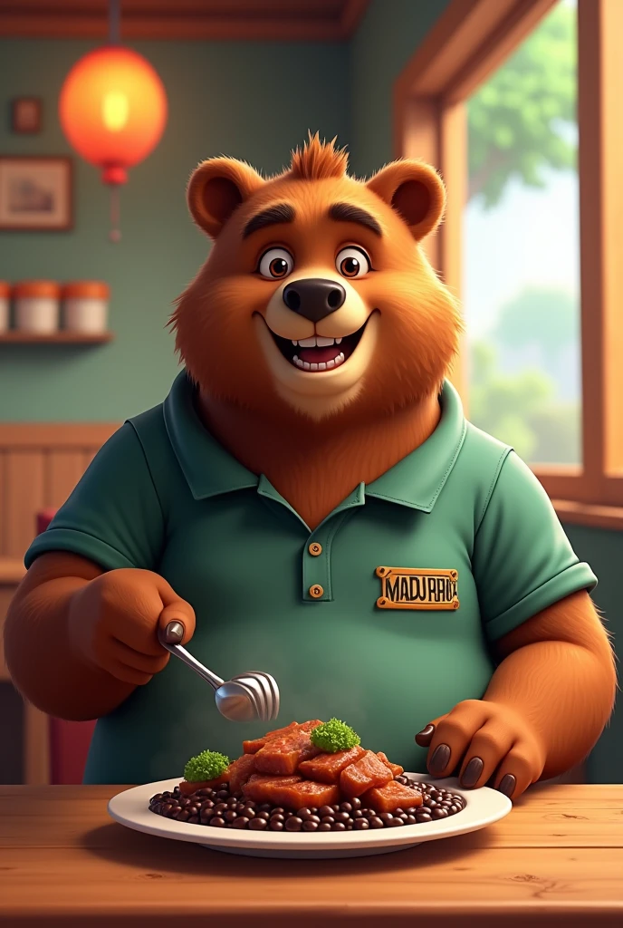 Adult bear, friendly and smiling face,forte e musculoso, anime 3 d, Wearing a polo shirt, written MADUREIRA RESTAURANT, serving a plate of feijoada with black beans and lots of pork