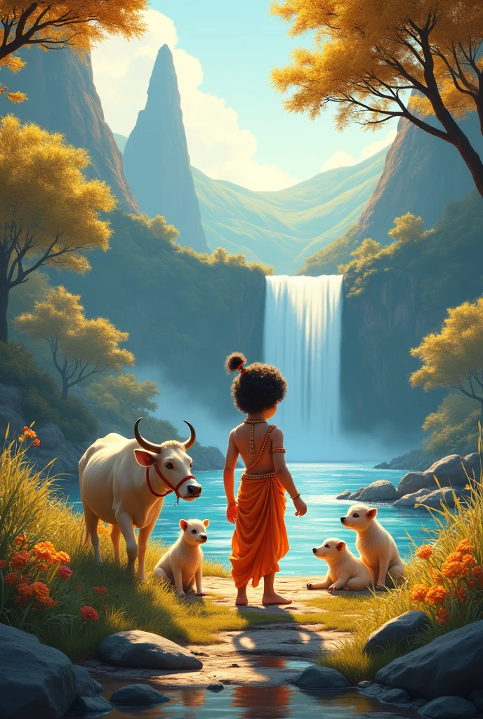 Child Shree krishna with friends, cow, hill, orange blue colour mix sky, tree , rock , river, water fall