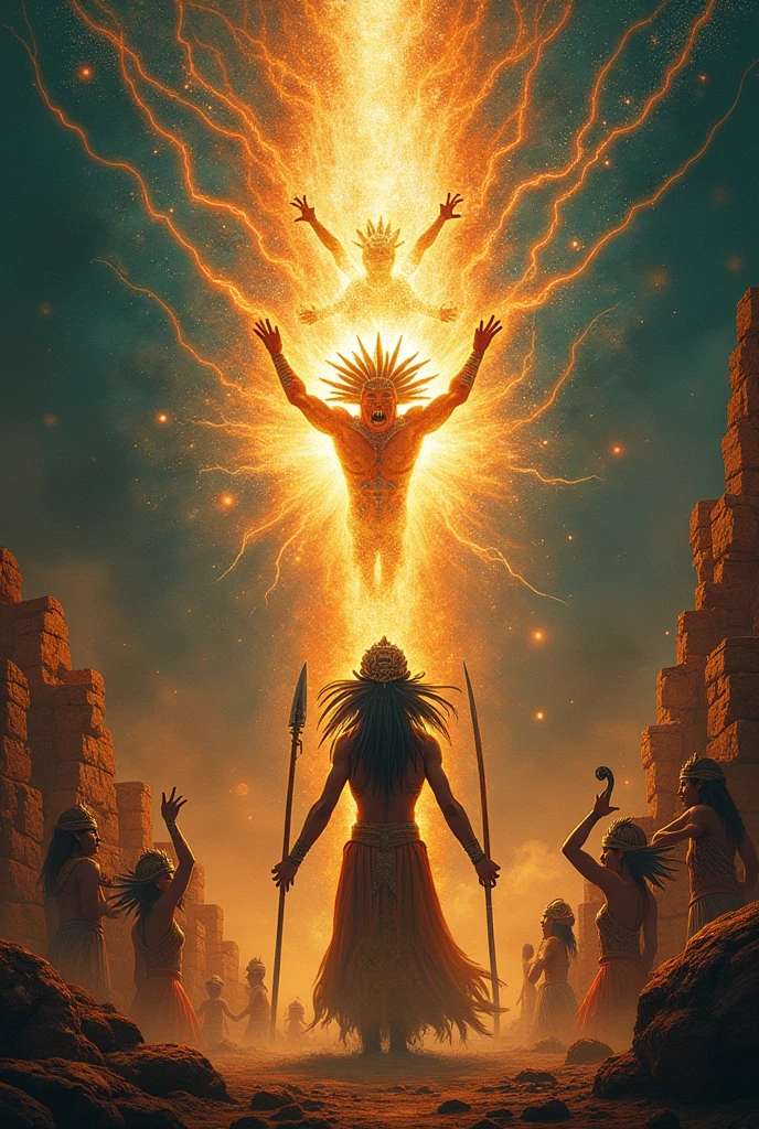 A representation of Tonantzin at the moment of the birth of Huitzilopochtli. Huitzilopochtli is shown emerging with force, As the heavenly warriors fall defeated. In the background, Symbols of power are observed, like snakes and weapons, that gradually fade away, giving rise to images that represent home and worship, as household tools and altars.