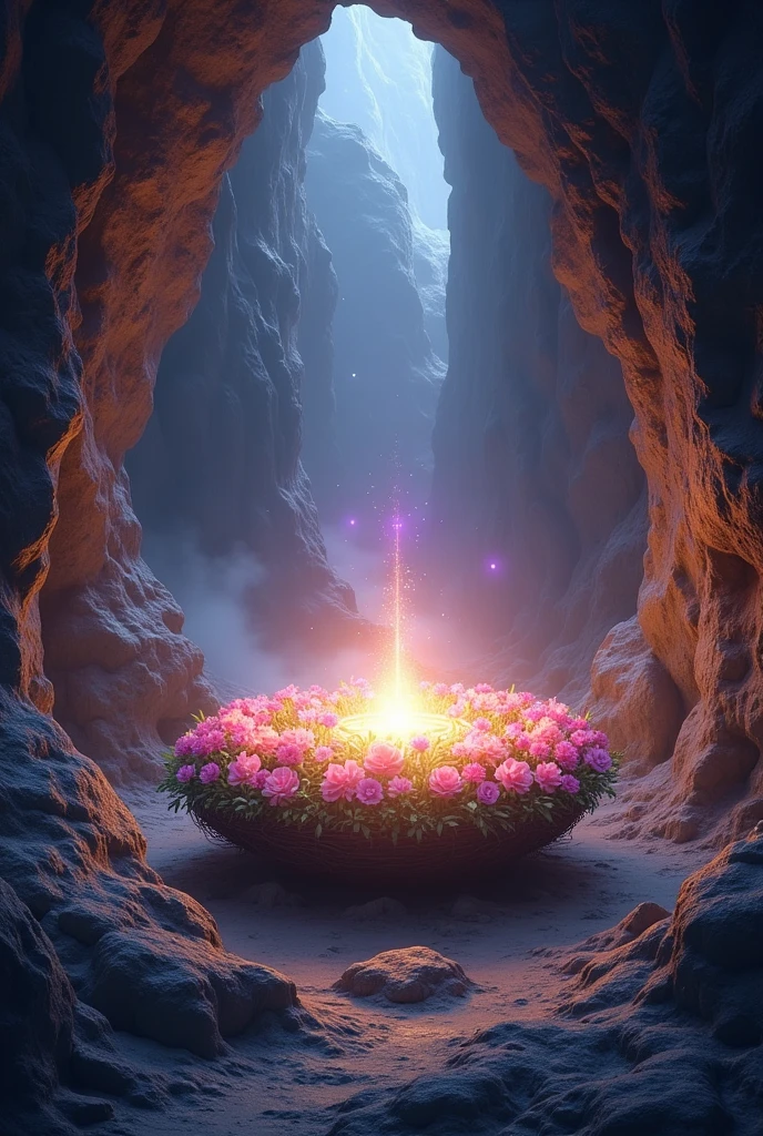 A cave of fire, por dentro, um ninho de flores e uma luz divina saindo de por dentro do ninho

