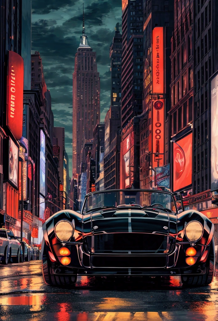 "good quality(Shelby Cobra) wide background, New York City landscape at night，A breath of blood and speed.。"