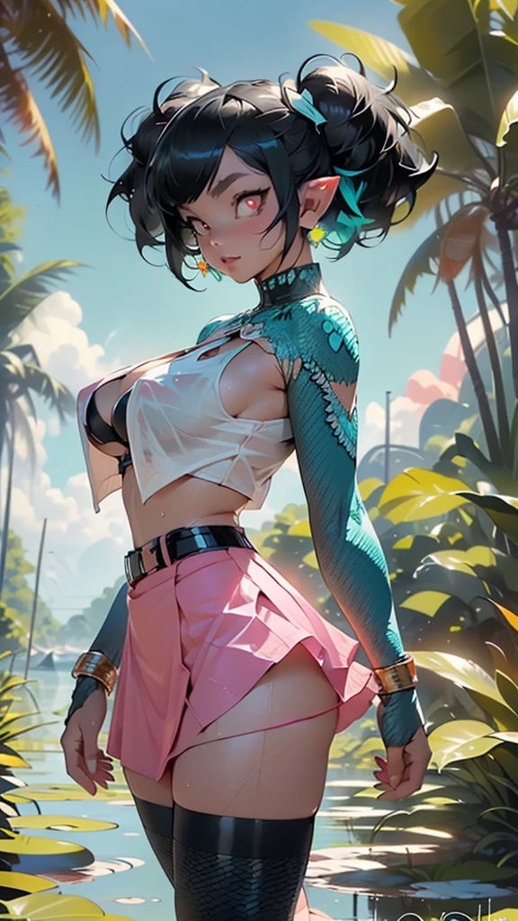 alien girl,(((1girl))),((beautiful alien girl)),
alien fish girl,(huge eyes:1.5),(((ear fins:1.5))),(((scaly skin:1.5))),((monster_girl)),
(turquoise hair:1.5), short hair, (((very short hair:1.5, twintails hairstyle))),
(glowing eyes, turquoise_eyes:1.0), (((black sclera:1.5))),symmetrical eyes,(large breasts:1.4),saggy breasts,((colored inner hair)),((fat)),(((lustrous skin:1.5,bright skin: 1.5,skin tanned,shiny skin,very shiny skin,shiny body,plastic glitter skin,exaggerated shiny skin,illuminated skin, wet legs))),(spider lower abdomen,narrow waist,wide hip,athletic body,inflated legs, thick thighs,detailed body,(detailed face)),
cute,slutty,seductive,erotic,((nsfw)),
zettai ryouiki,revealing clothing,show skin,((scale bikini,((neon pink color scale mini-skirt)),visible thong straps)),((underpants strap)),(wearing a scale dancing outfit:1.3,scale dancing clothes,semi-naked,with little clothing),(((pink scale clothes))),((wet clothes,intricate outfit,intricate clothes)),
(dynamic pose:1.0),solo focus,embarrassed,(centered,scale to fit dimensions,Rule of thirds),
outdoors, ocean, (ocean in the background), scenery, extremely scenery, (puddles everywhere, moss, moss on the bottom), clouds, water lilies, palm trees, reeds, (sunset, golden hour),(egyptian palace background,pyramids in the background),
(Glossy atlantis ornaments),highres,sharp focus,(ultra detailed,extremely detailed),(photorealistic artwork:1.37),(extremely detailed CG unity 8k wallpaper),(((vibrant colors,vibrant theme))),(intricate),(masterpiece),(best quality),artistic photography,(photography taken by sldr),(intricate background),perfect rendered face,perfect face details,realistic face,photo realistic,((intricate detail)),(((realism))),