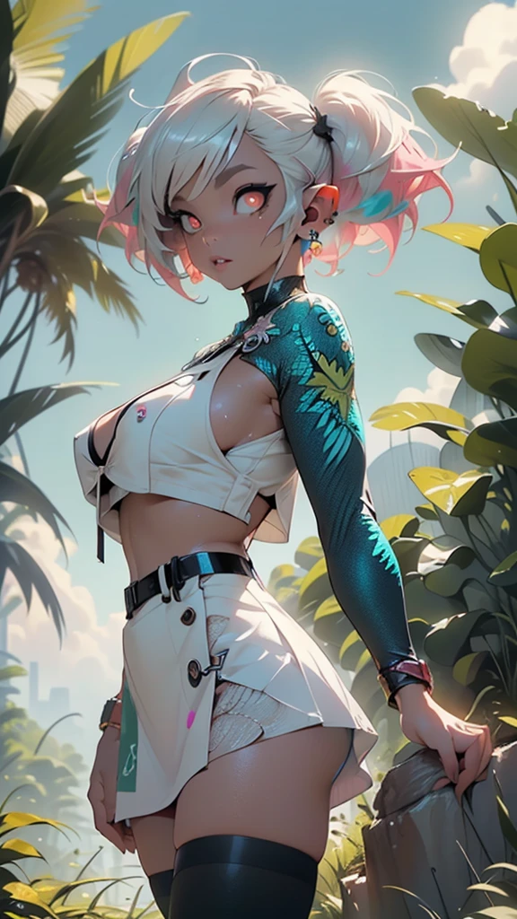 alien girl,(((1girl))),((beautiful alien girl)),
alien fish girl,(huge eyes:1.5),(((ear fins:1.5))),(((scaly skin:1.5))),((monster_girl)),
(turquoise hair:1.5), short hair, (((very short hair:1.5, twintails hairstyle))),
(glowing eyes, turquoise_eyes:1.0), (((black sclera:1.5))),symmetrical eyes,(large breasts:1.4),saggy breasts,((colored inner hair)),((fat)),(((lustrous skin:1.5,bright skin: 1.5,skin tanned,shiny skin,very shiny skin,shiny body,plastic glitter skin,exaggerated shiny skin,illuminated skin, wet legs))),(spider lower abdomen,narrow waist,wide hip,athletic body,inflated legs, thick thighs,detailed body,(detailed face)),
cute,slutty,seductive,erotic,((nsfw)),
zettai ryouiki,revealing clothing,show skin,((scale bikini,((neon pink color scale mini-skirt)),visible thong straps)),((underpants strap)),(wearing a scale dancing outfit:1.3,scale dancing clothes,semi-naked,with little clothing),(((pink scale clothes))),((wet clothes,intricate outfit,intricate clothes)),
(dynamic pose:1.0),solo focus,embarrassed,(centered,scale to fit dimensions,Rule of thirds),
outdoors, ocean, (ocean in the background), scenery, extremely scenery, (puddles everywhere, moss, moss on the bottom), clouds, water lilies, palm trees, reeds, (sunset, golden hour),(egyptian palace background,pyramids in the background),
(Glossy atlantis ornaments),highres,sharp focus,(ultra detailed,extremely detailed),(photorealistic artwork:1.37),(extremely detailed CG unity 8k wallpaper),(((vibrant colors,vibrant theme))),(intricate),(masterpiece),(best quality),artistic photography,(photography taken by sldr),(intricate background),perfect rendered face,perfect face details,realistic face,photo realistic,((intricate detail)),(((realism))),