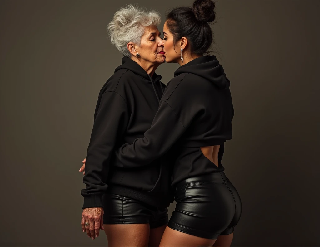 black woman hair in a bun black hoodie black leather short shorts being fucked in the ass by a old grandma in a dress