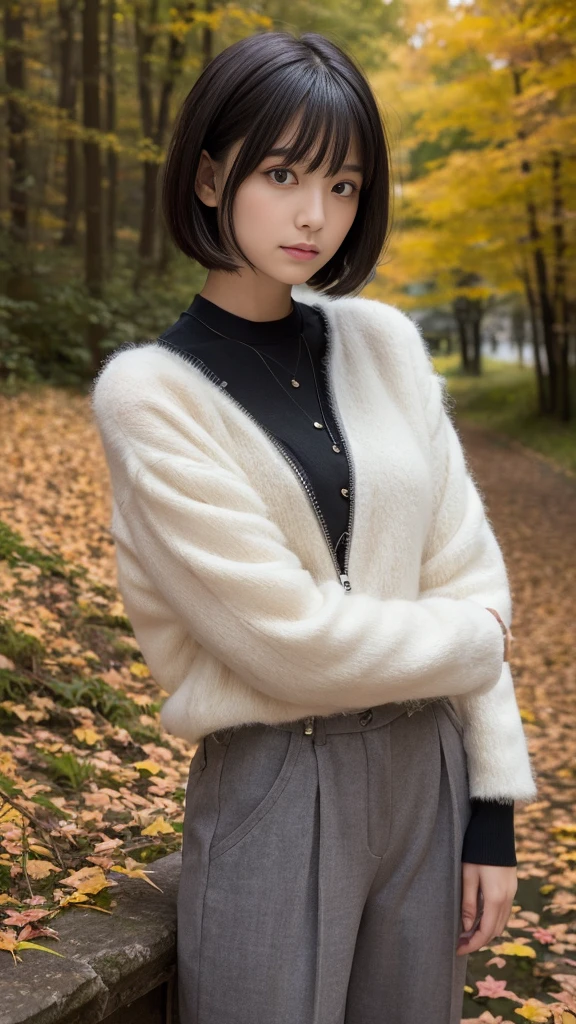 The theme is "Darkness and Light". The main colors will be deep browns and olive greens with black accents. The top is a loose-fitting brown checked shirt, and the bottoms are wide black pants with zippers and patches designed on the sides,(Highest quality, Very detailed, masterpiece:1.2), 1 women, Very thin body, length, Thin legs, ((Black short hair:1.2)), ((Thick and fluffy bangs)), Very detailedな顔,A faint smile, small, Thin Nose, small thin mouth, Extremely sharply focused eyes, Japanese, Beautiful Face, Realistic eyes, Beautiful and beautiful eyes, Realistic Skin, Beautiful Skin, charm, (A vivid face), Beautiful Hairstyles,The theme is "Autumn Darkness and Light". ,Creepy and unique hairstyles, High resolution, Vibrant color palettel, Amazing place