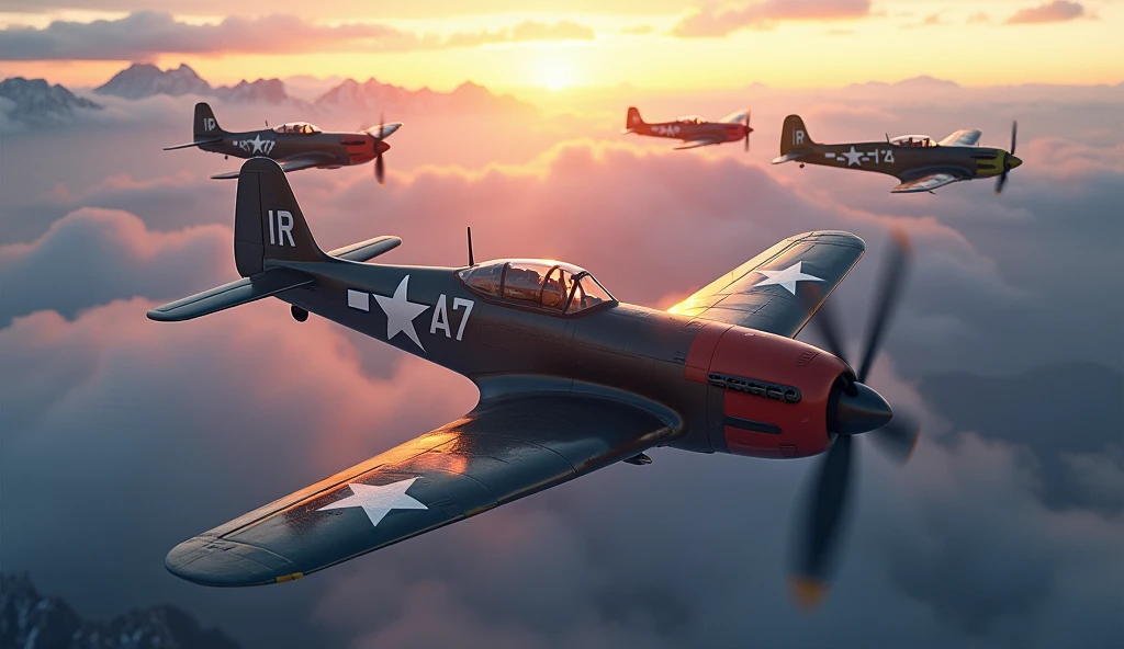 a highly detailed 3d render of several Republic P-47 Thunderbolt fighter planes flying over the Schweizer Alpen, Schweizer, dramatic lighting, vivid colors, volumetric fog, photorealistic, cinematic composition, masterpiece