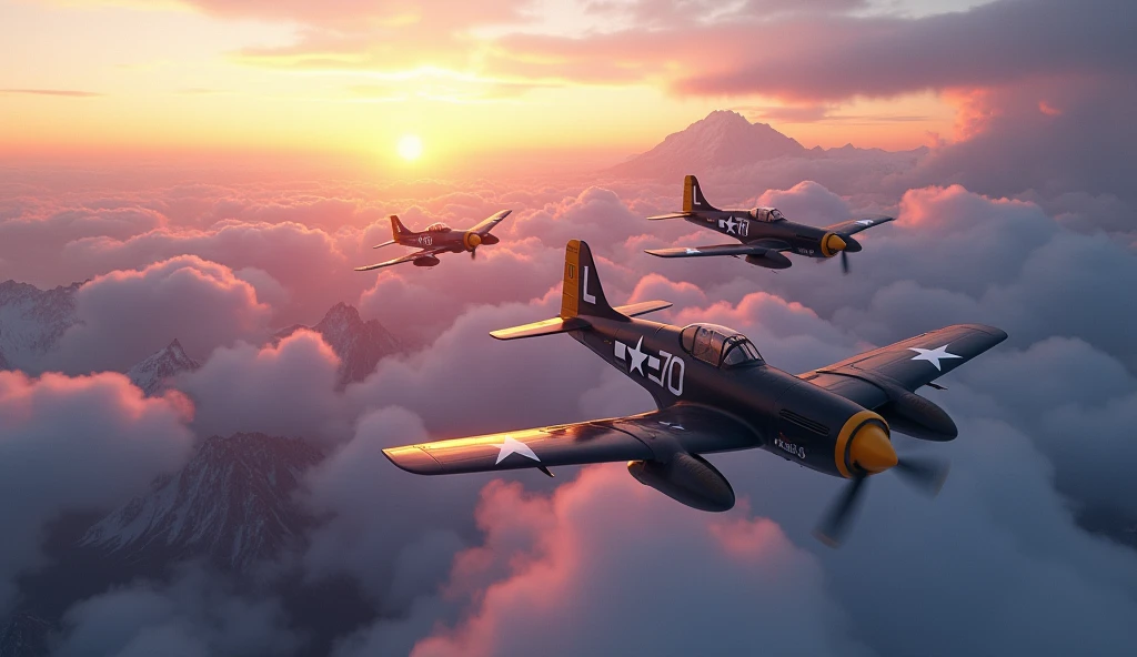 a highly detailed 3d render of several Republic P-47 Thunderbolt fighter planes flying over the Schweizer Alpen, Schweizer, dramatic lighting, vivid colors, volumetric fog, photorealistic, cinematic composition, masterpiece