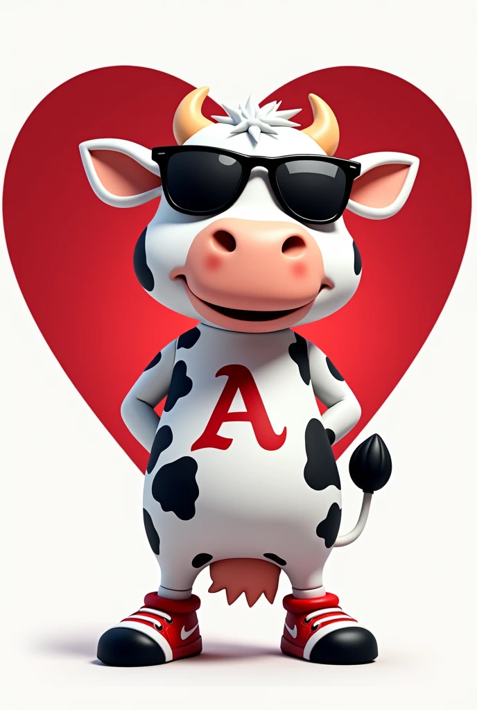 Um mascote de time cartoon. It will be a white cow with black spots in the shape of a heart., She looks funny but nice, with sunglasses and sportswear and that has a "a" on the chest and on the foot a soccer ball, all this inside a background heart. the background colors will be red and white