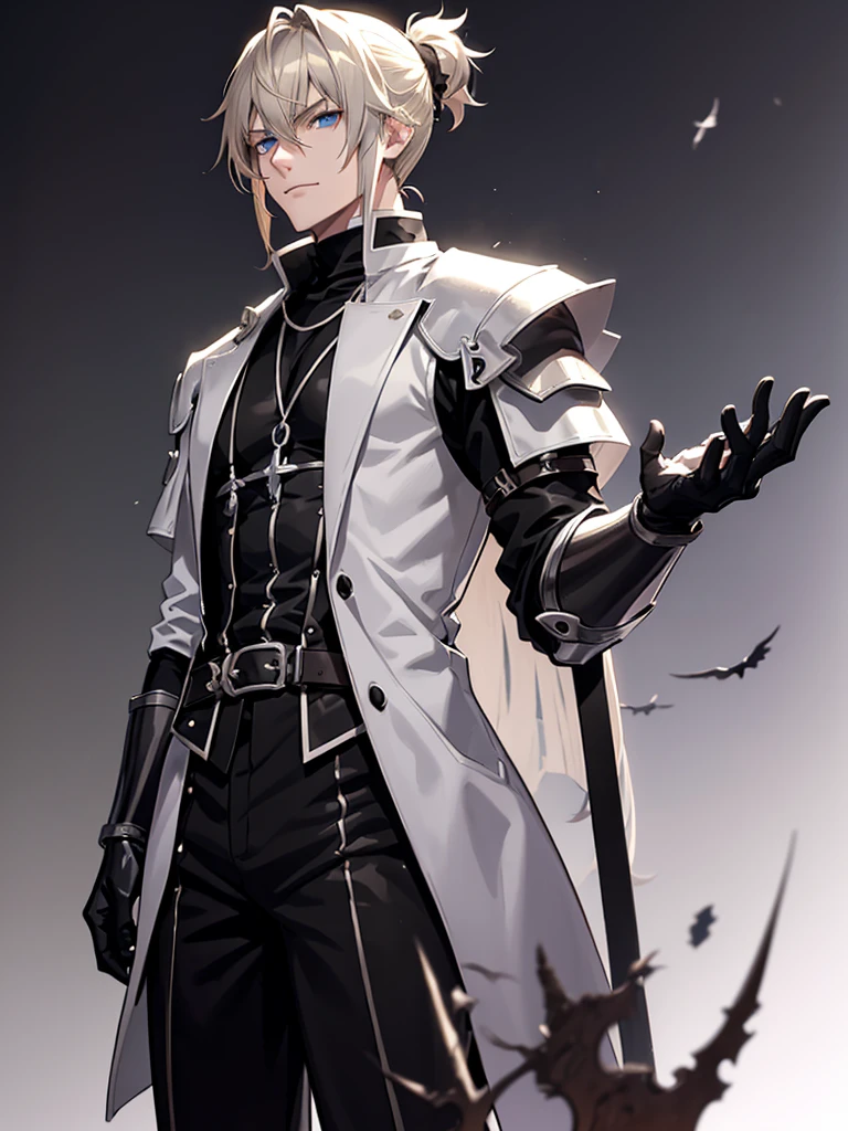 Anime attractive man, 20 year old, blonde hair, very very short ponytail, tall, muscular, black vampire hunter outfit, silver lining, solo, one person, knight, black gloves, silver arm bracers, high resolution, high quality, masterpiece, masculine face, silver necklaces, smirk, blond.