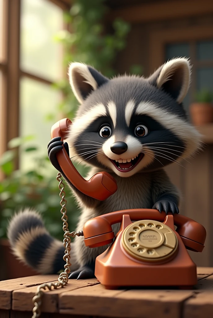 Raccoon talking on the phone, cheered up