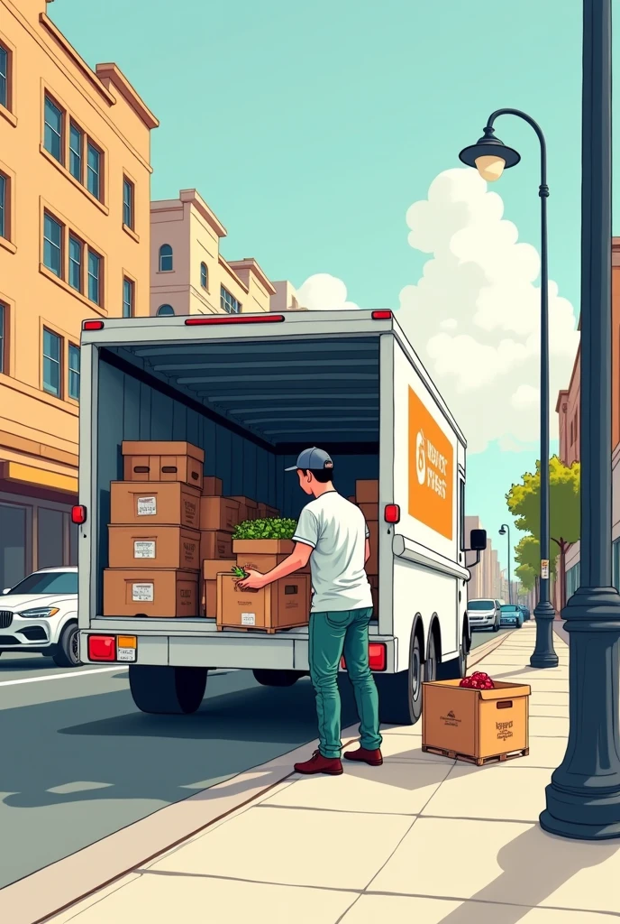 Generate a simple vector illustration, of a person carefully unloading goods from a food truck