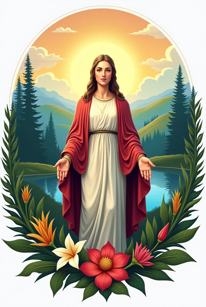 Logo for a Christian youth camp with details such as an image of Mary and a camp landscape, that it is colorful and eye-catching