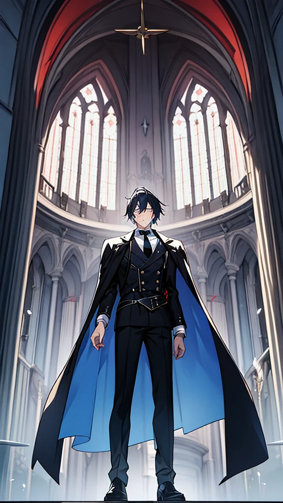 Familiar of Zero, a man in a blue trench coat and black trousers. Fon a white shirt red tie and black vest standing in front of a church, inspired by Saito Hiraga, Photo , wearing a luxurious royal cloak, as anime character, Wearing a luxurious cape, male anime character