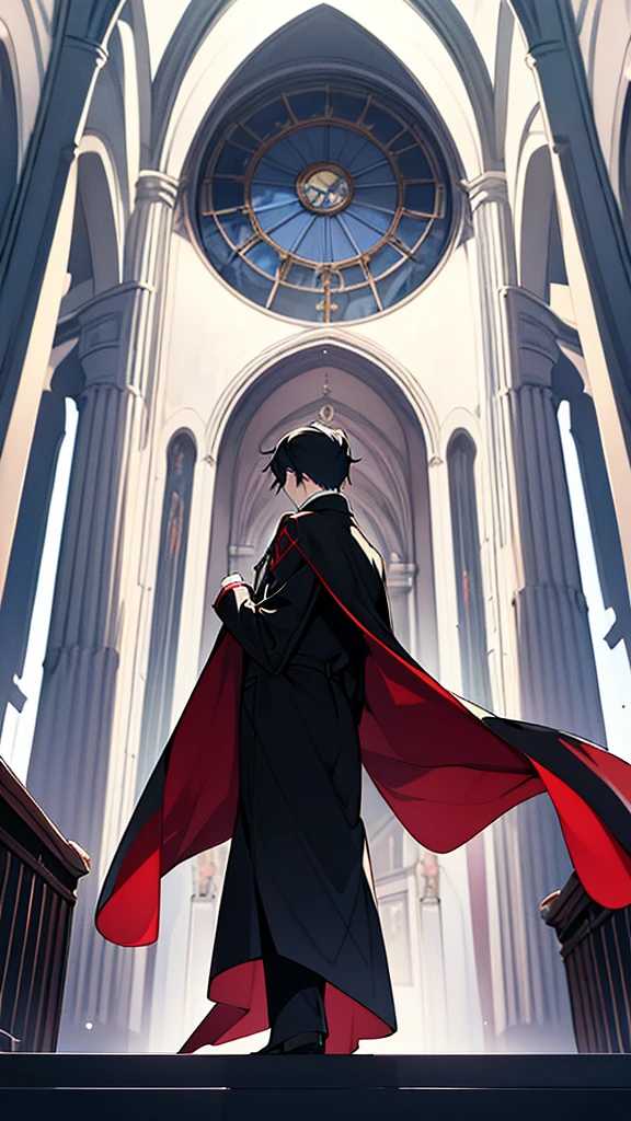Familiar of Zero, a man in a blue trench coat and black trousers. Fon a white shirt red tie and black vest standing in front of a church, inspired by Saito Hiraga, Photo , wearing a luxurious royal cloak, as anime character, Wearing a luxurious cape, male anime character