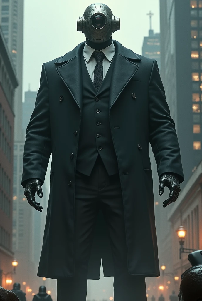 Gigantic Humanoid being with dark CCTV Câmera in the place of the head wearing a fancy suit and dark overcoat