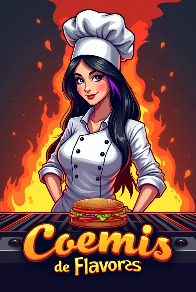Could you please create a logo for a fast food restaurant like homemade hamburgers with a white female chef with black hair and purple locks with a grill, a volcano and with the name El Volcán de Sabores written on it?