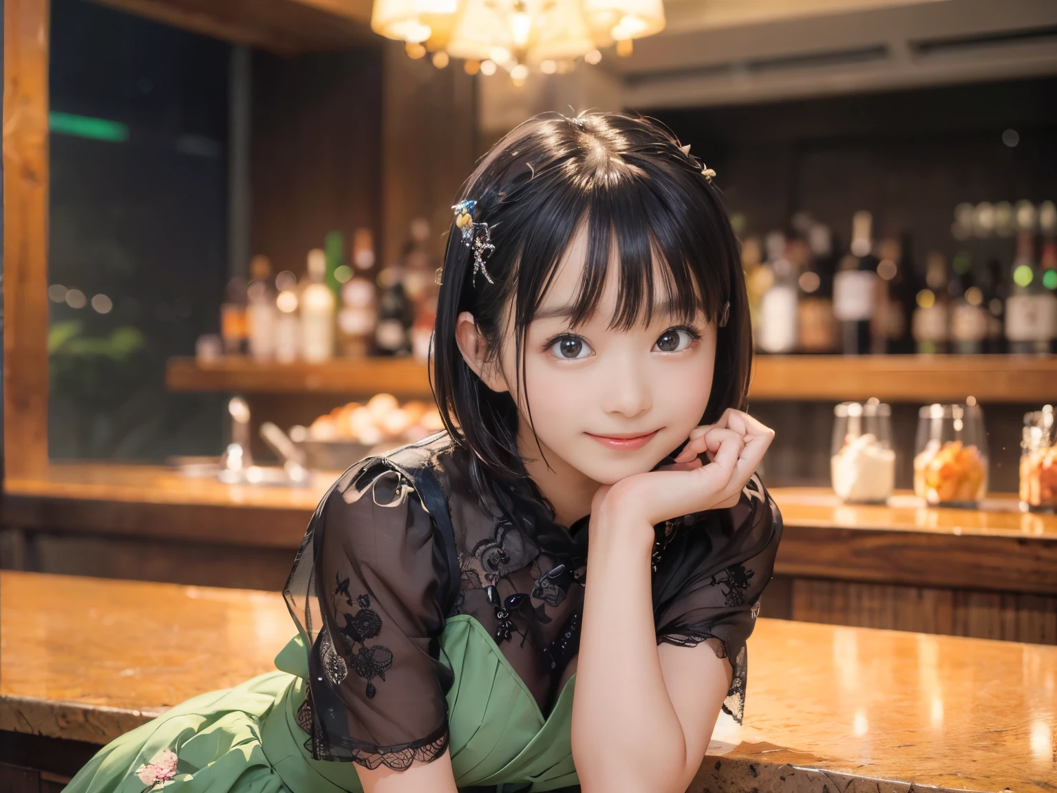 (Highest quality, masterpiece, Ultra-high resolution, 8k, RAW Photos, Realistic, Anatomically correct:1.5), 20-year-old girl:1.2, Embarrassing, avert your eyes, blush:1.0, View Viewer, ((bar)) 、Large windows、Night view、 Light:1.2, Bokeh, Cinema Lighting:1.0, Depth of written boundary, sharp、 Cute Face、Idol、(Black short sleeve lace top)、(Black tulle skirt)、(Green clothes)、(Floral clothes)、”dwarf”、(Full Body Shot)、(Side angle)、Cowboy Shot、( smile)、((Ultra short hair、Berry Short))、(Straight bangs)、((See-through))、(( One woman))、look back、I can see your belly button、