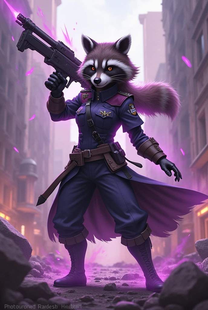 A female raccoon dressed in a military uniform in a war environment holding a powerful weapon while exuding a lilac-colored aura of power