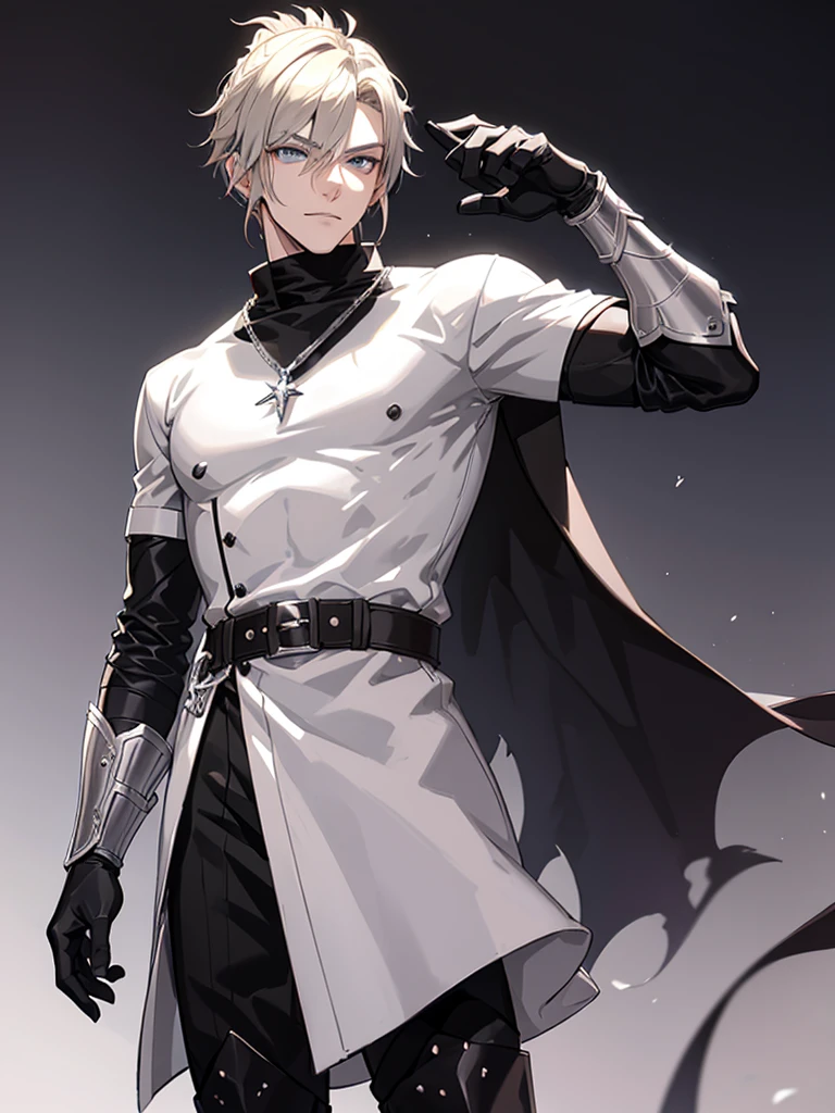 Anime attractive man, 20 year old, blonde hair, very very short ponytail, tall, muscular, black vampire hunter outfit, silver lining, solo, one person, vampire hunter, black gloves, silver arm bracers, high resolution, high quality, masterpiece, masculine face, silver necklaces, smirk.