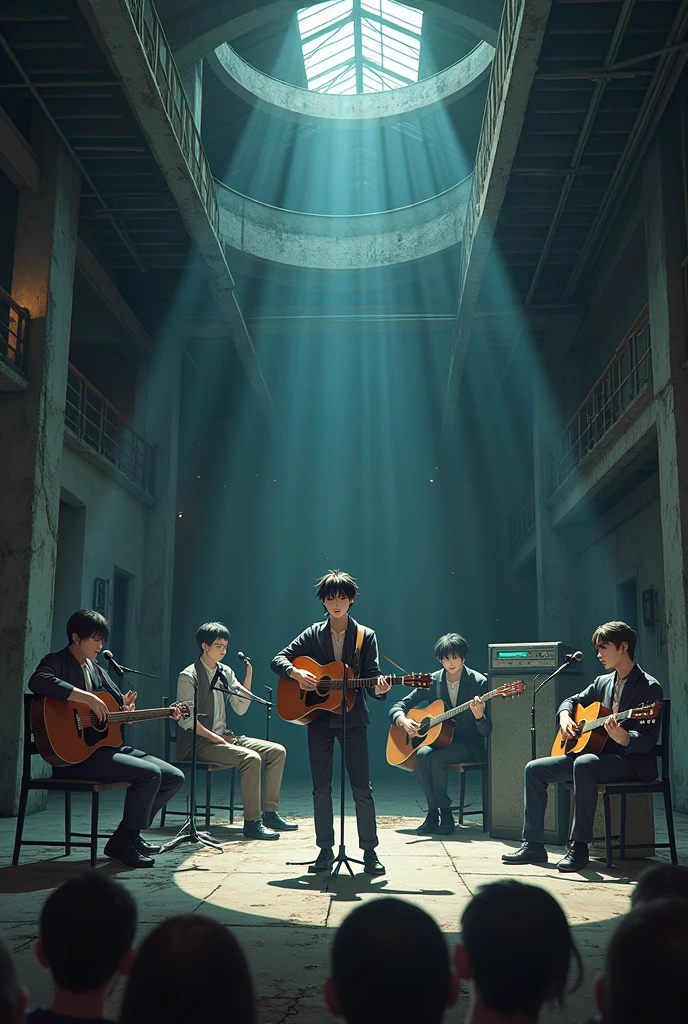 Acoustic members with an asian rapper Animae in dark abandoned building