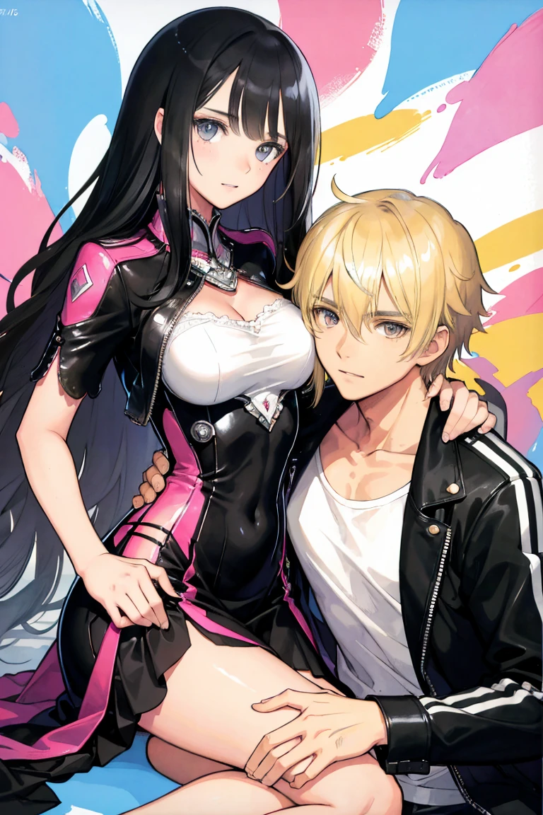 man and woman, couple, love, mature, a cat woman, she has freckles, she has dark brown eyes and an upturned nose, she is happy and smiling, she has long wavy hair, black hair, she is wearing aviator sunglasses with clear lenses in a soft watercolor style. The girl's clothes must be pink, purple, and blue in celebration of the bisexual, with stains of ink and watercolor mixing and filling the scene. he has blonde hair, he is handsome, he is slim. There should be a subtle, nuanced change in colors using the impasto technique with gouache paint. There should be a light rain in the watercolor painting with a little watercolor paper texture and a pastel background.