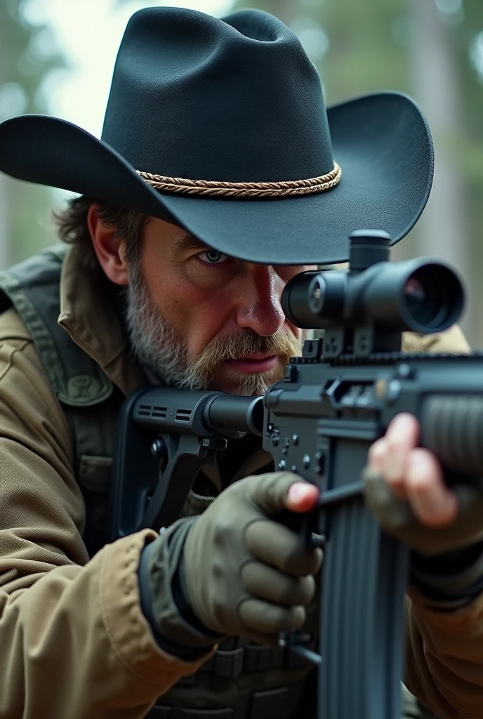 a white male with a black cowboy hat as he is part of the hunters organization have him in combat attire with an AK74 I want him to be holding onto his cowboy hat with a scared look laying down in a sniper position