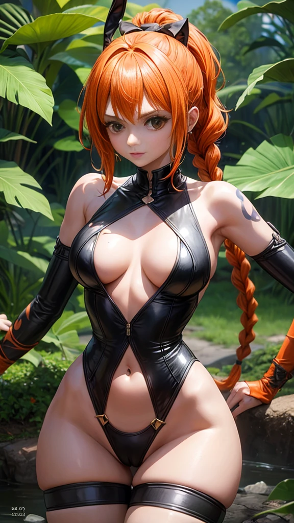 Palghar、One Girl Solo、Are standing、Upper Body、short hair、Twin braids、Orange Hair、High Ponytail、Green Eyes、Tightened、Orange female pubic hair、Small breasts、Reverse Bunny Suit、Curvaceous、Pasties、C-string、Wide Hips、Thigh gap、forest、Outdoor, 4k, 4k 4k 8k 16k