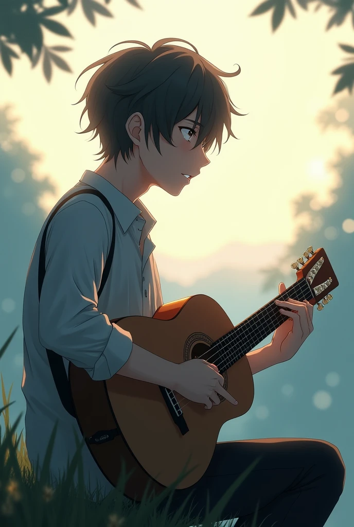 Man playing small 4-string guitar
, and singing.realistic anime drawing.