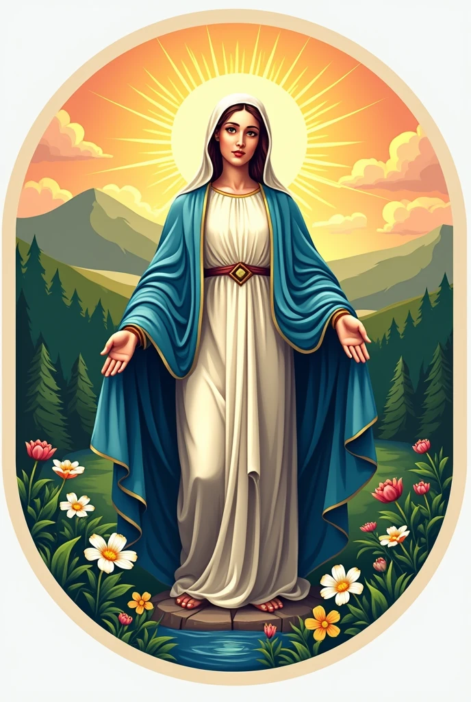 Logo for a Christian youth camp with details such as an image of Mary and a camp landscape, that it is colorful and eye-catching