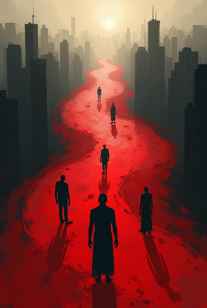 Rivers of Blood: A symbolic representation of rivers of blood running through a city or landscape, symbolizing pain and hopelessness. The human figures in the drawing could be represented as shadows or specters., giving a feeling of death and decay. Let it be very simple