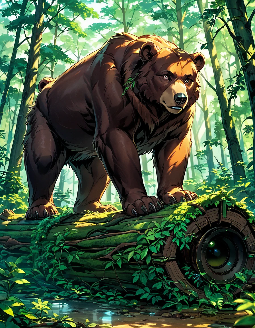 A close-up shot of a majestic brown bear standing on a moss-covered log, its fur a warm, earthy tone against the lush green forest backdrop. The bear's eyes are calm and gentle, gazing directly into the camera lens as it surveys its surroundings. Soft morning light filters through the trees, casting a subtle glow on the bear's fur., ImgFixerPre0.3