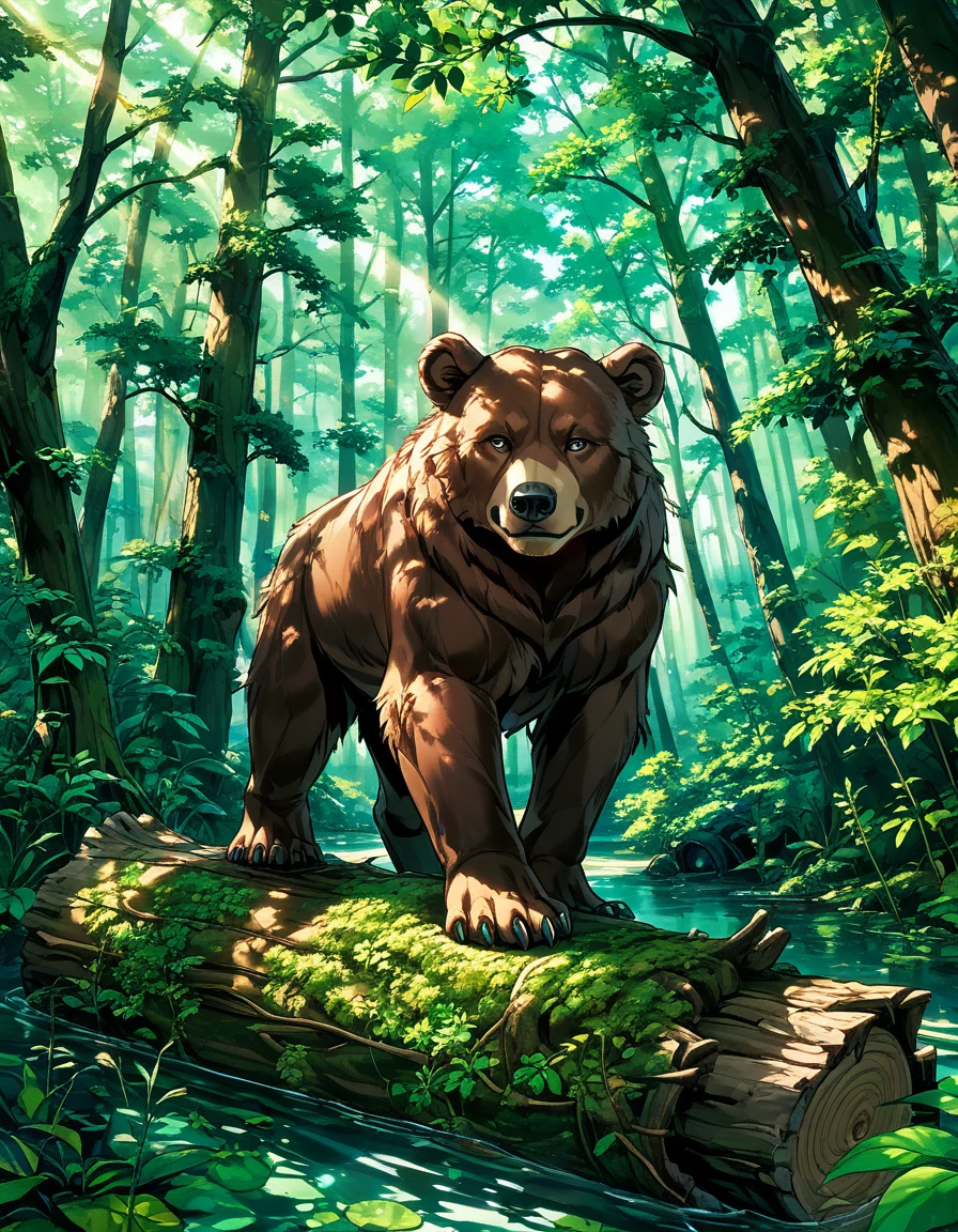 A close-up shot of a majestic brown bear standing on a moss-covered log, its fur a warm, earthy tone against the lush green forest backdrop. The bear's eyes are calm and gentle, gazing directly into the camera lens as it surveys its surroundings. Soft morning light filters through the trees, casting a subtle glow on the bear's fur., ImgFixerPre0.3