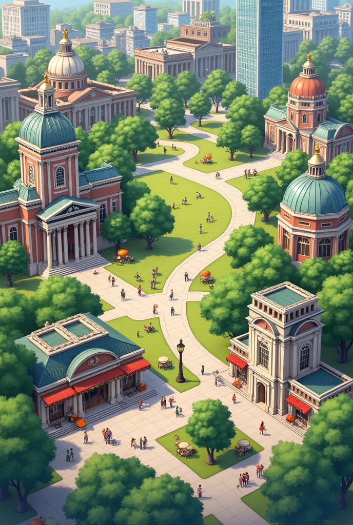 A map which has a library, an art museum, the central park , a cafe and a shopping mall in the foreground