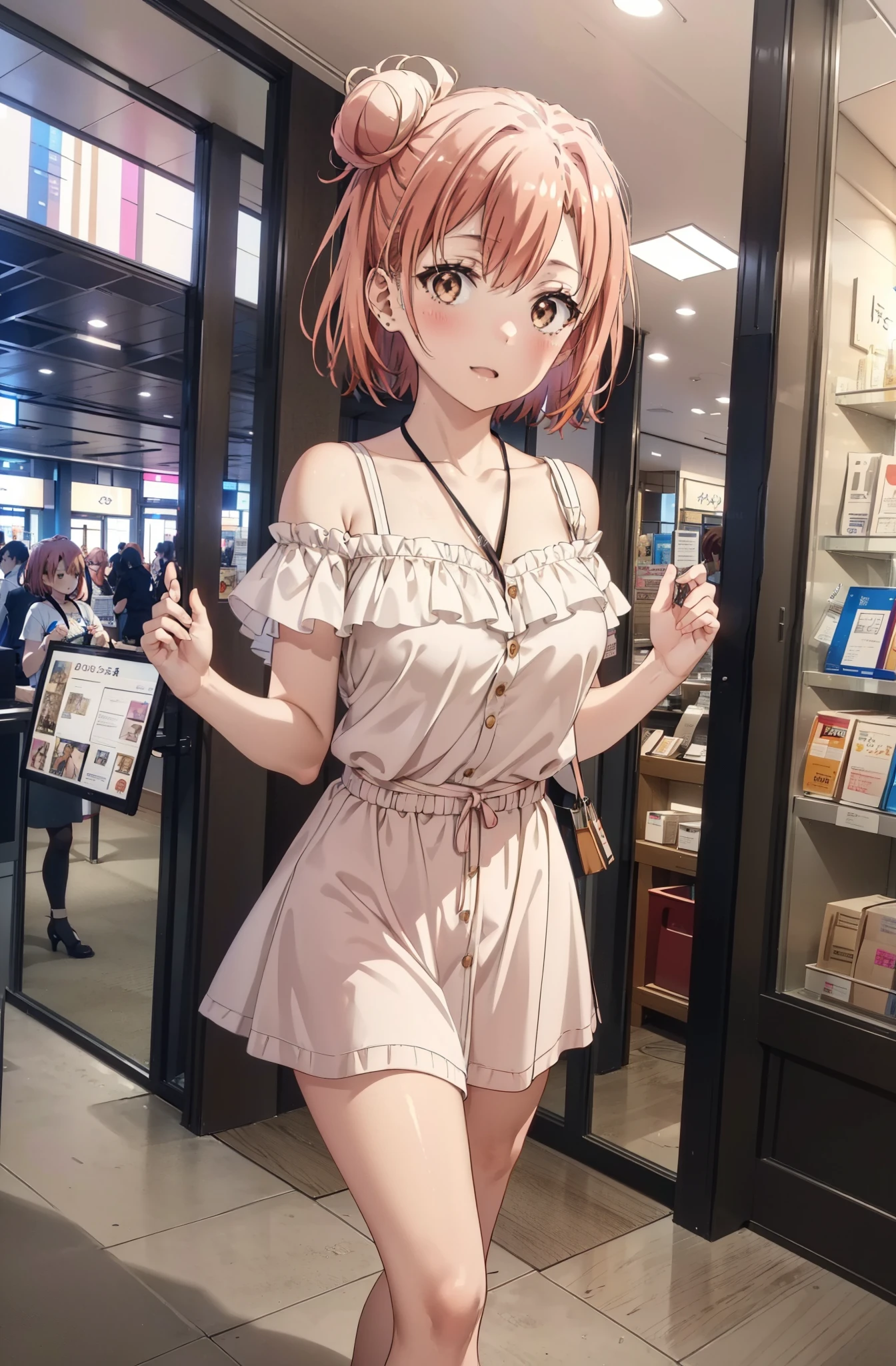yuiyuigahama, yui yuigahama, short hair, (Brown eyes:1.5), (Pink Hair:1.2), Hair Bun, single Hair Bun,Big Breasts,smile,blush,Open your mouth,Off-the-shoulder dress,Exposing shoulders,bare clavicle,Bare neck,Rocket Pendant,mini skirt,Cute heeled sandals,Walking,whole bodyがイラストに入るように,
break indoors,Shopping mall,
break looking at viewer, whole body,
break (masterpiece:1.2), Highest quality, High resolution, unity 8k wallpaper, (shape:0.8), (Beautiful attention to detail:1.6), Highly detailed face, Perfect lighting, Extremely detailed CG, (Perfect hands, Perfect Anatomy),