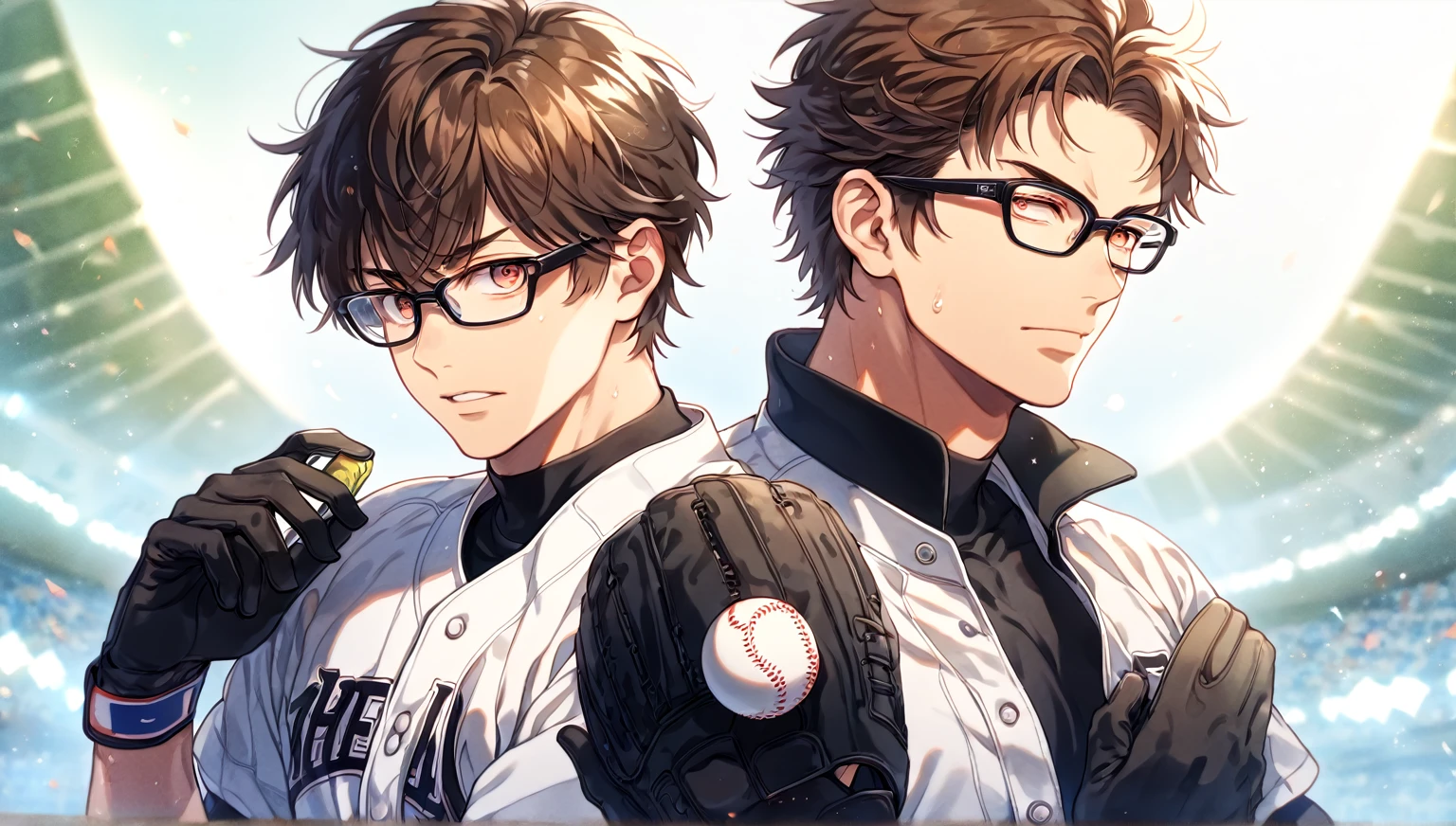 absurdres, highres, ultra detailed, HDR, master piece, Miyuki Kazuya, brown hair, expressive amber eyes, black glasses, white baseball uniform, Diamond No Ace, sexy man together, handsome, best quality, fantasy, magical, solo, sensual, stadium, blue sky, manly man, black gloves, holding a baseball ball