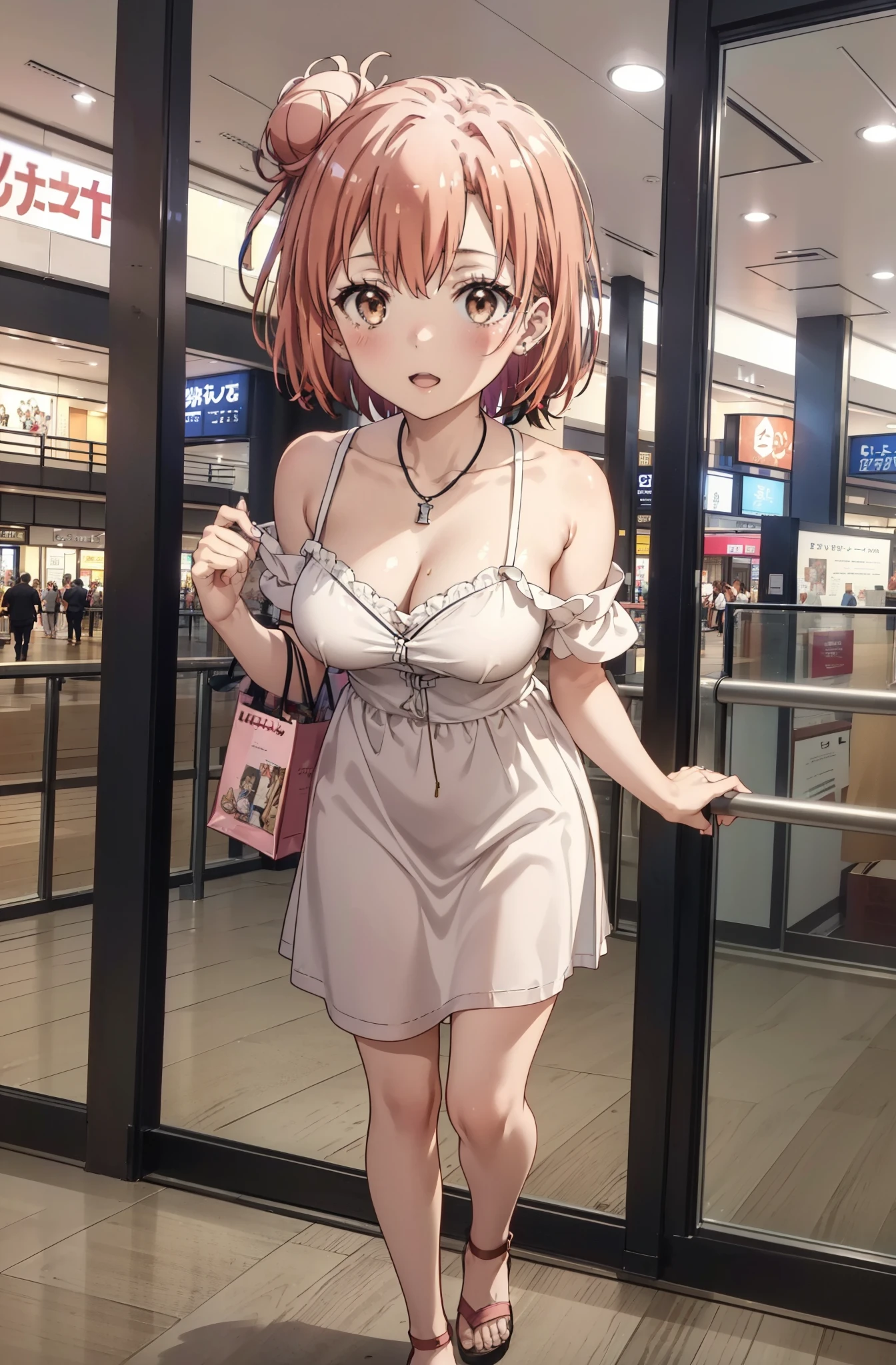 yuiyuigahama, yui yuigahama, short hair, (Brown eyes:1.5), (Pink Hair:1.2), Hair Bun, single Hair Bun,Big Breasts,smile,blush,Open your mouth,Off-the-shoulder dress,Exposing shoulders,bare clavicle,Bare neck,Rocket Pendant,mini skirt,Cute heeled sandals,Walking,whole bodyがイラストに入るように,
break indoors,Shopping mall,
break looking at viewer, whole body,
break (masterpiece:1.2), Highest quality, High resolution, unity 8k wallpaper, (shape:0.8), (Beautiful attention to detail:1.6), Highly detailed face, Perfect lighting, Extremely detailed CG, (Perfect hands, Perfect Anatomy),