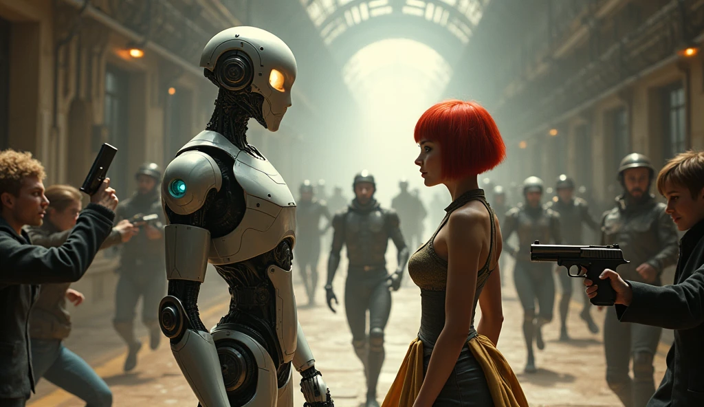 a robot with human features, holding an advanced weapon, while talking to a short, red-haired woman holding a futuristic pistol pointed downwards. They are in a hallway with a lot of dust and people running around with guns in their hands., everyone is wearing steampunk clothes