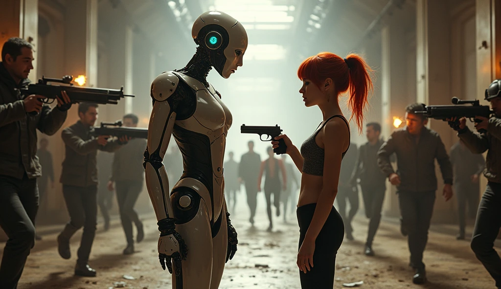 a robot with human features, holding an advanced weapon, while talking to a short, red-haired woman holding a futuristic pistol pointed downwards. They are in a hallway with a lot of dust and people running around with guns in their hands., everyone is wearing steampunk clothes 