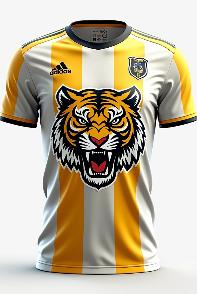 Create an image of an interclass jersey Team name Torra-Torra FC Color white and yellow With a tiger