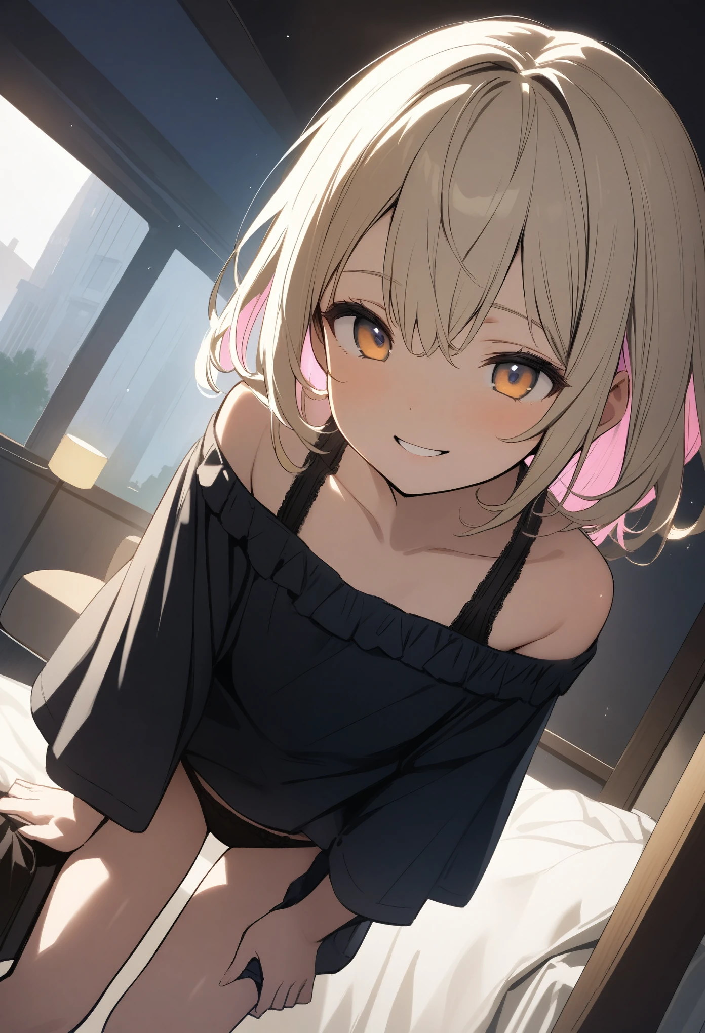 Very cute  girl, ((Oversized off-the-shoulder shirt、Black Bra、Black panties))、(Light golden hair color、Light pink inner color hairstyle、Hair expressed with a delicate touch), Beautiful Hair, Facial Contour, Remember, Hotel, splash, Lens flare、moonlight、illumination、Natural Color, High resolution, Very delicate, Very detailed, 8k、Shyness,((Sexual)),((Naughty feelings)),smile、Chest and face angle、Viewing angle from knee height、Look forward