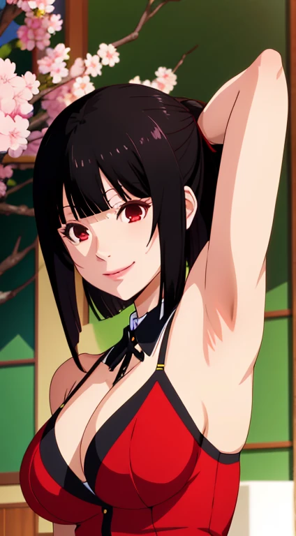 Jabami yumeko, (Mature female, bangs, side locks, Red eyes, Black hair, Huge breasts3),Portrait of a girl, (face:1.2), girls, smile,bare shoulders​, Black hair, cherry blossom), Willow Branch, (masterpiece best quality :1.2), large breasts, arms up, detailed armpits